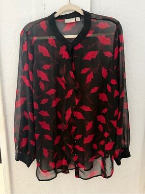 Bisou Bisou Black Sheer Blouse with Red Lip Print